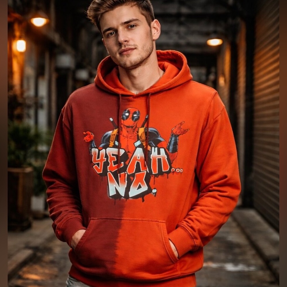 Marvel Deadpool Red & Maroon Pull Over Color-Block Hoodie Men’s Size Small